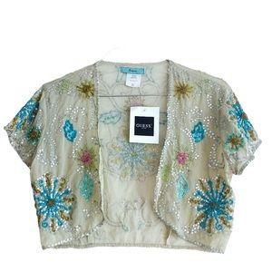 2for$38 Guess women vintage Sequin Shrug Top Sleeve Floral Beaded Sheer crop
